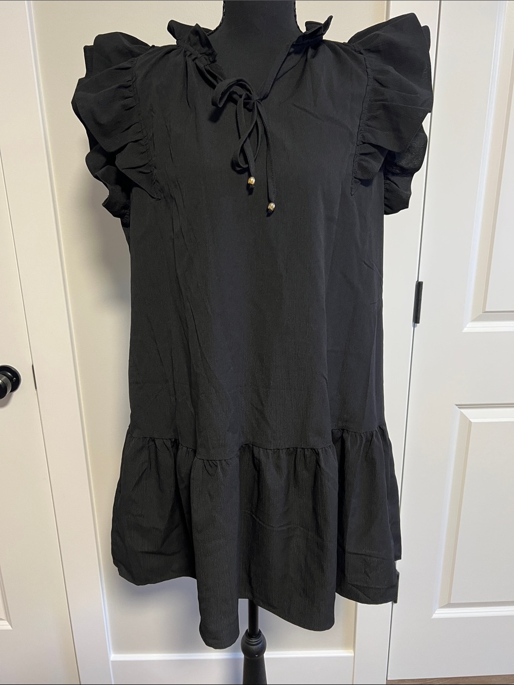 SHEIN Black Ruffle Sleeve Tie-Neck Mini Dress